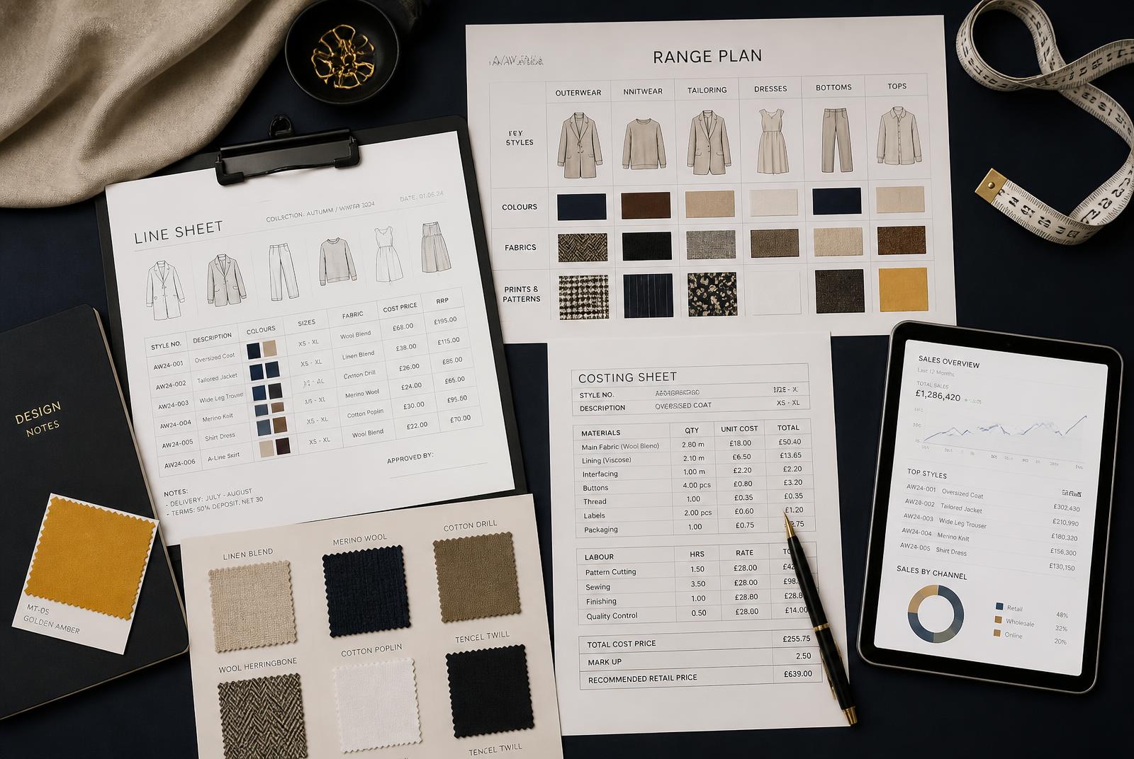 Designer business tools — line sheet, range plan, costing sheet, fabric swatches and sales figures